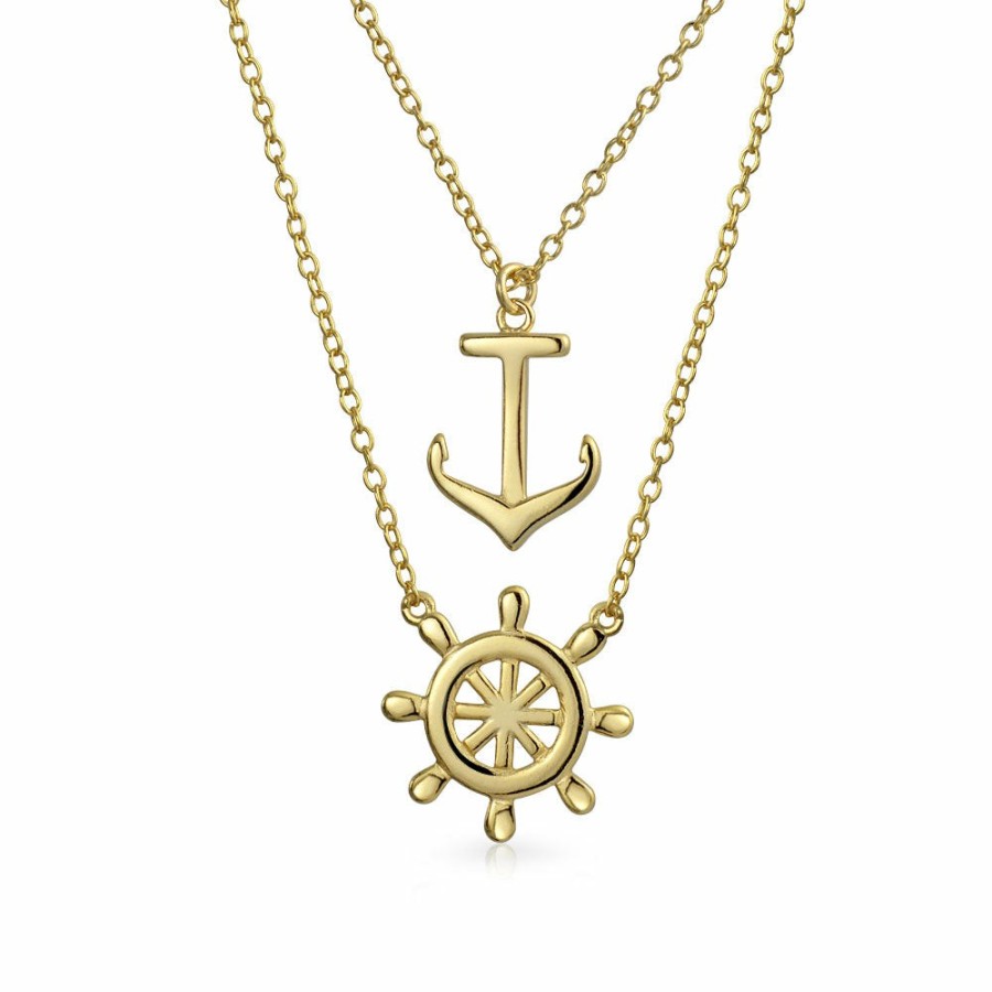 Shop Women Bling Jewelry Delicate Pendant Necklaces | Sideways Nautical Anchor Pendant Necklace Bracelet Gold Plated