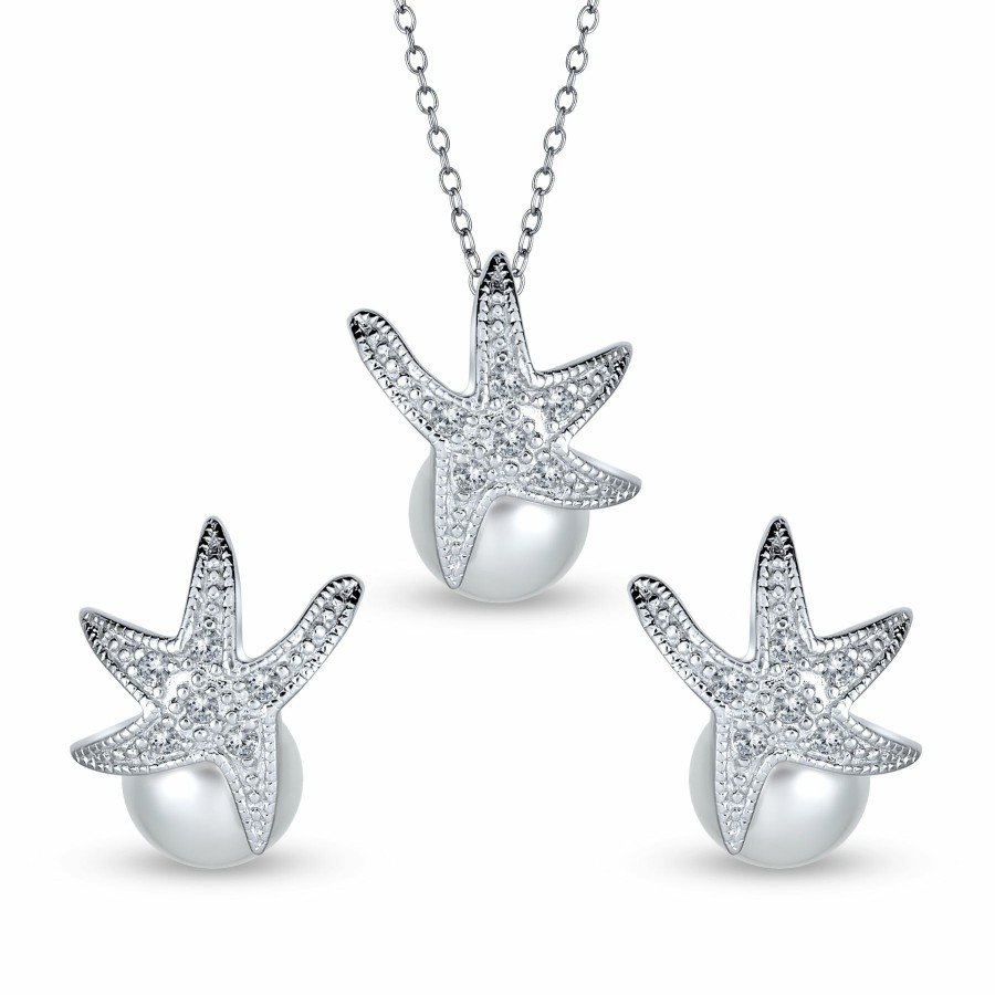 Shop Women Bling Jewelry Delicate Pendant Necklaces | Beach Bridal Cz Starfish Pearl Pendant Earrings Jewelry Set .925 Sterling Silver