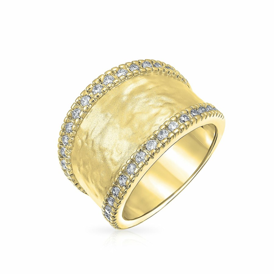 Shop Women Bling Jewelry Unique Rings | Pave Cz Wide Hammered Band Ring Matte Finish Silver Gold Plated Brass