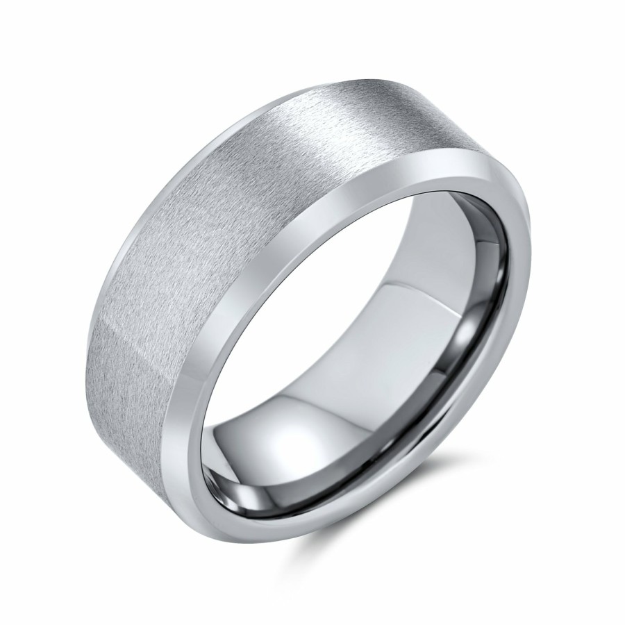 Shop Men Bling Jewelry Mens Engravable Rings | Beveled Edge Matte Couples Wedding Band Titanium Ring 8Mm Wide