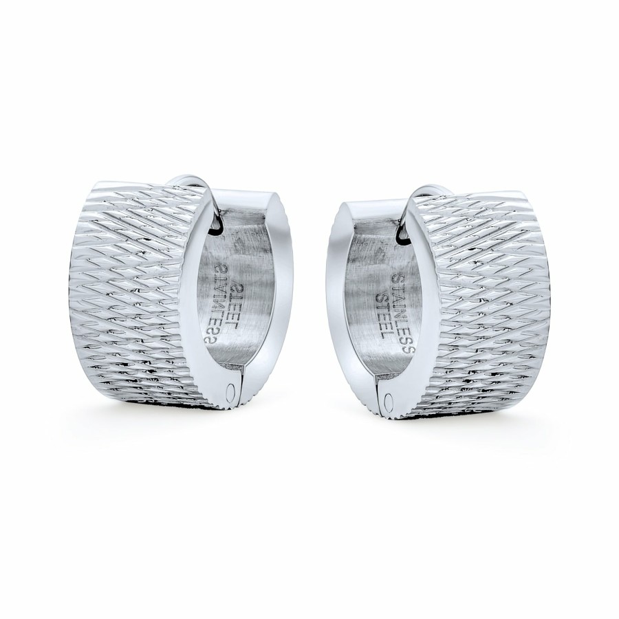 Shop Women Bling Jewelry Hoops Huggies Earrings | Wide Carved Grid Pattern Hoop Kpop Hoop Earrings Or Stainless Steel