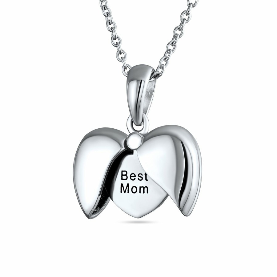 Shop Women Bling Jewelry Engravable Necklaces | Words Mom I Love You, Best Friend, Mom Angel Wing Heart Locket Pendant