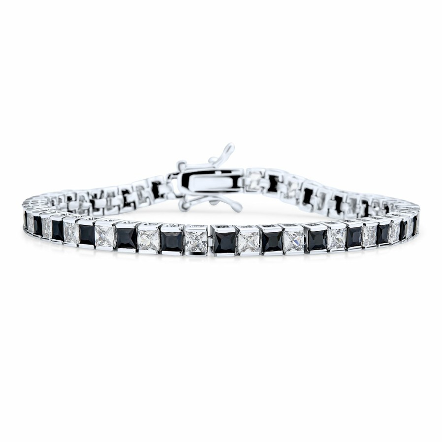 Shop Women Bling Jewelry Tennis Bracelets | White Square Princess Cut Cz Tennis Bracelet Silver Plated 7"