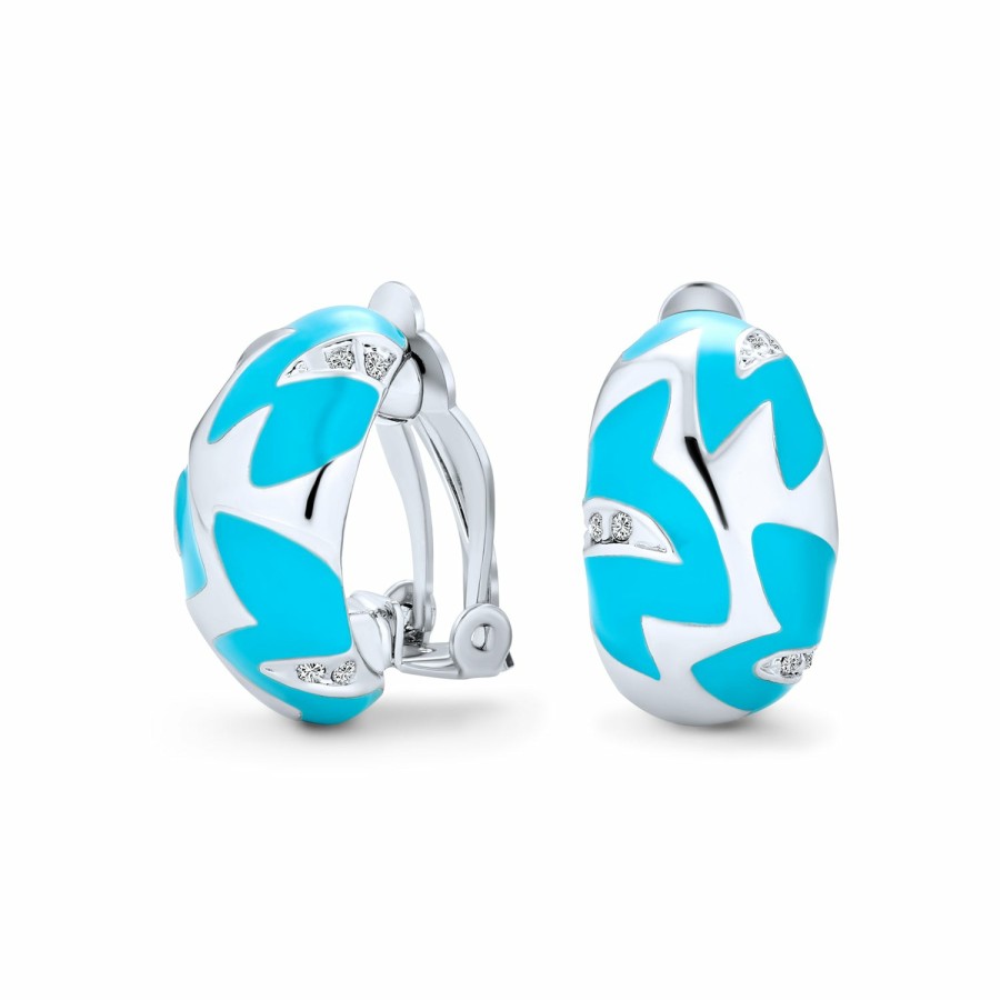 Shop Women Bling Jewelry Clip On Earrings | Geometric Turquoise Blue Hoop Clip On Earrings Ears Silver Plated