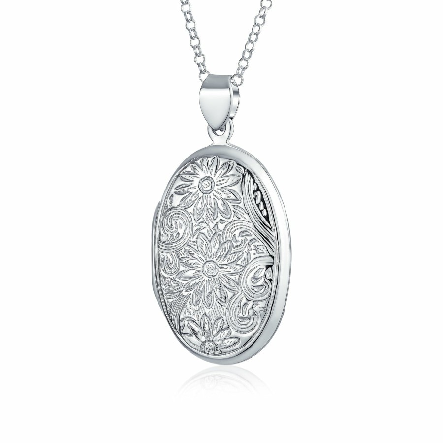 Shop Women Bling Jewelry Engravable Necklaces | Sunflower Photo Oval Locket For Women Hold Pictures Sterling Necklace Silver