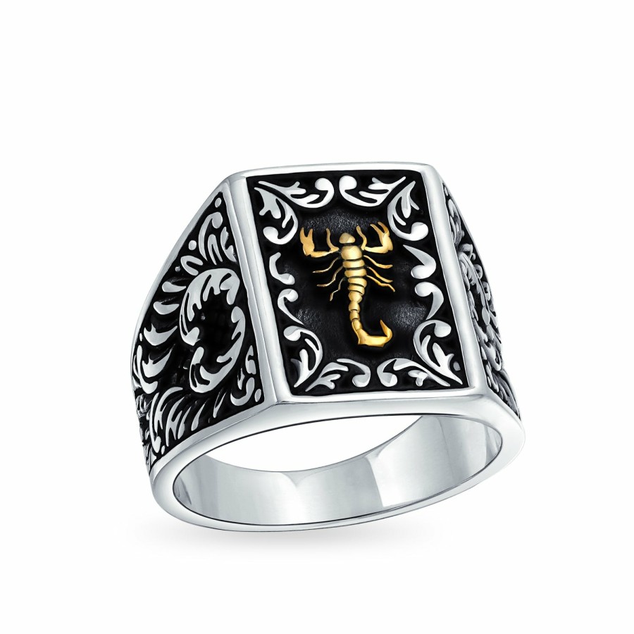 Shop Men Bling Jewelry Mens Rings | Mens Zodiac Scorpion Signet Ring Solid Two Tone Black .925 Silver