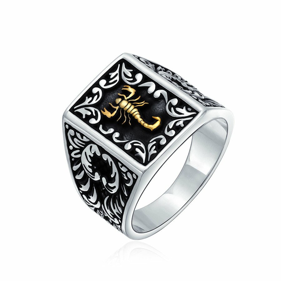 Shop Men Bling Jewelry Mens Rings | Mens Zodiac Scorpion Signet Ring Solid Two Tone Black .925 Silver