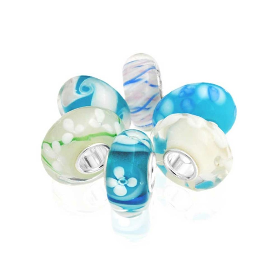 Shop Women Bling Jewelry Glass Crystal Beads | Aqua Blue White Murano Glass Bead Charm Bundle Set .925 Sterling Silver