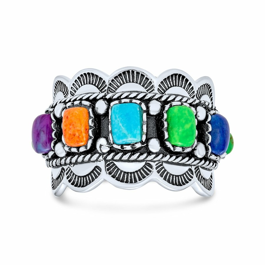 Shop Women Bling Jewelry Unique Rings | Native American Style Multi Stone Turquoise Band Ring Sterling Silver