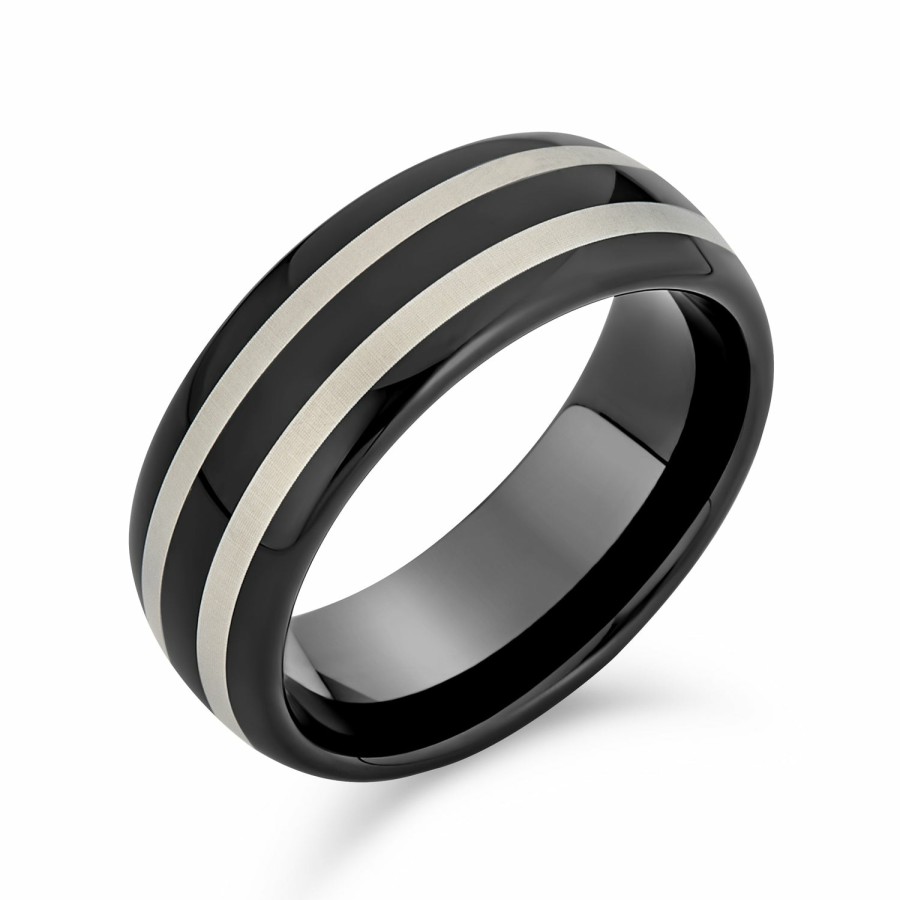 Shop Women Bling Jewelry Wedding Bands | Dome Silver 2 Tone Stripe Couples Wedding Band Titanium Ring 8Mm Black