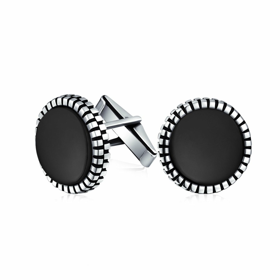 Shop Men Bling Jewelry Cufflinks | Mens Grooved Edge Black Round Onyx Shirt Cufflinks .925 Sterling Silver