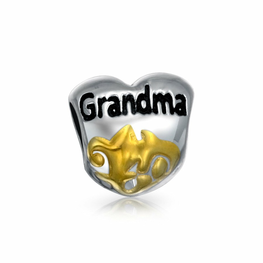 Shop Women Bling Jewelry Engravable Charms | Two Tone Heart Shape Floral Daughter Grandmother God Mother Charm Bead