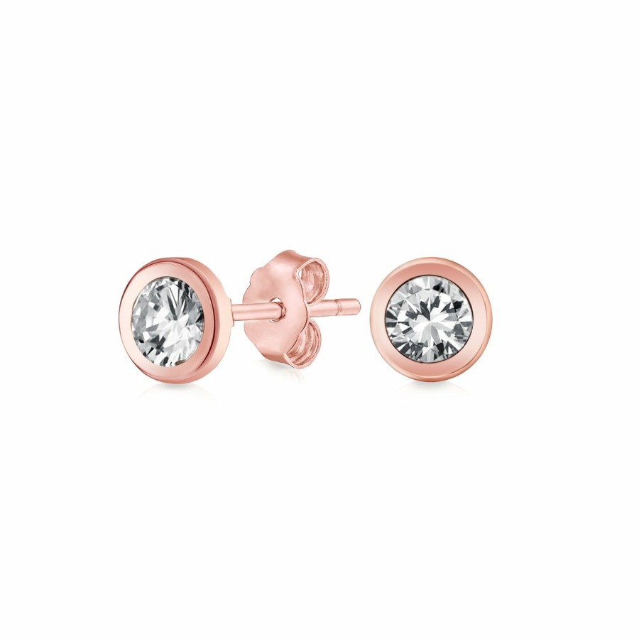 Shop Women Bling Jewelry Stud Earrings | Bezel-Set Round Cubic Zirconia Stud Earrings Cz Real 14K Rose Gold