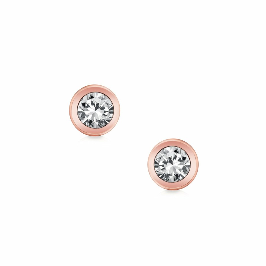 Shop Women Bling Jewelry Stud Earrings | Bezel-Set Round Cubic Zirconia Stud Earrings Cz Real 14K Rose Gold