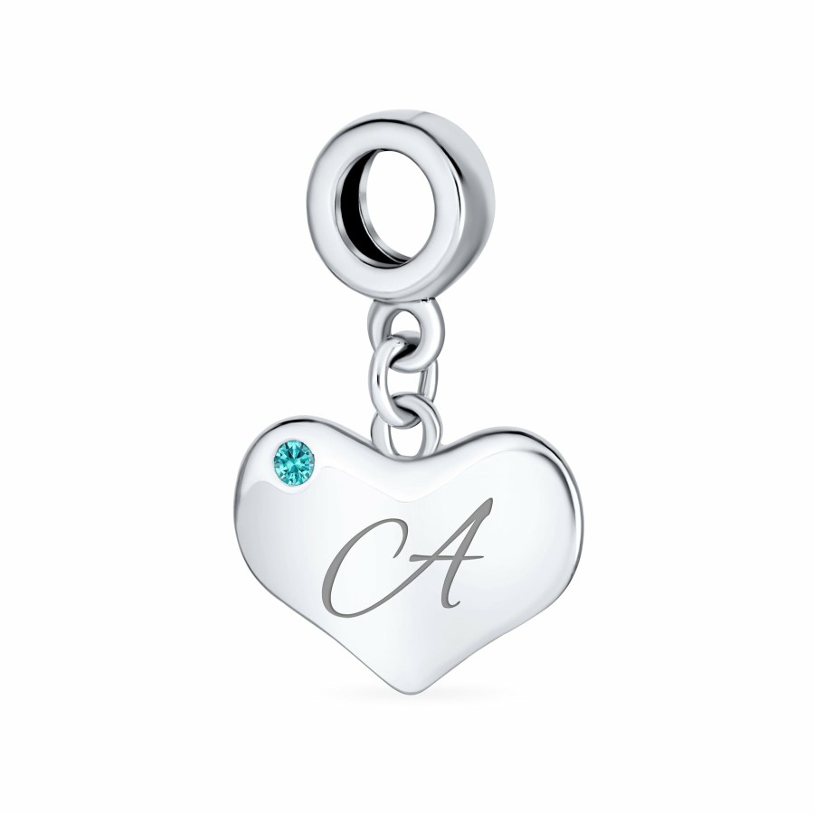 Shop Women Bling Jewelry Engravable Charms | Script Engravable Aqua Blue Crystal Heart Charm Bead Sterling Silver