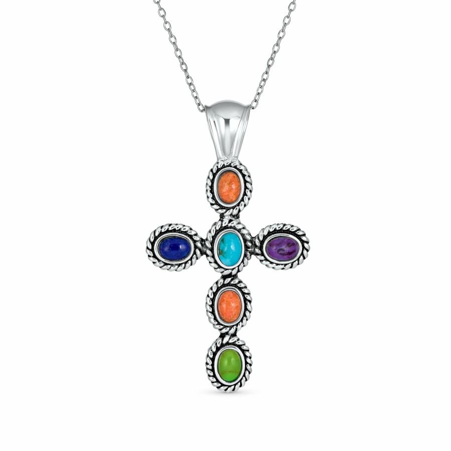 Shop Women Bling Jewelry Pendant Necklaces | Turquoise Rope Bezel Cross Pendant .925 Sterling Silver Necklace