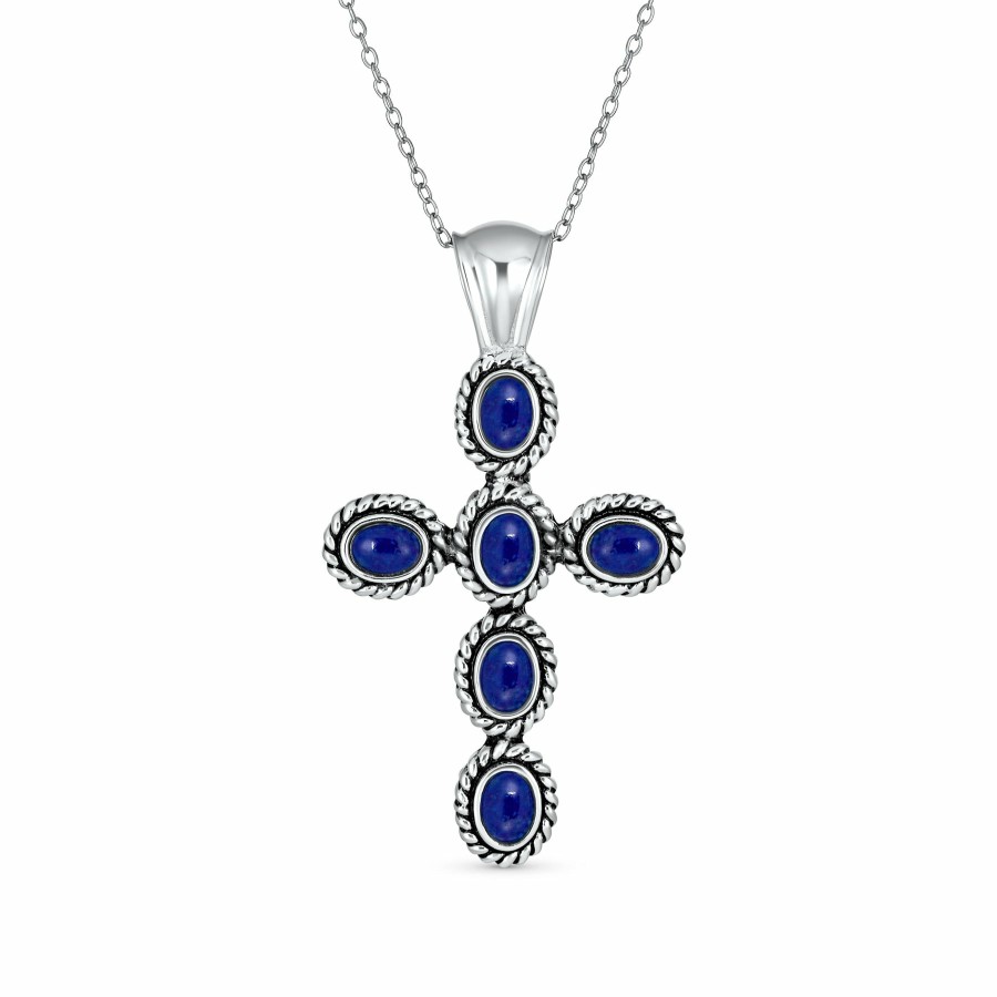 Shop Women Bling Jewelry Pendant Necklaces | Turquoise Rope Bezel Cross Pendant .925 Sterling Silver Necklace