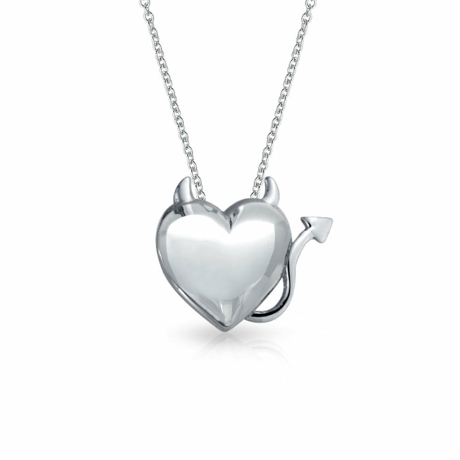 Shop Women Bling Jewelry Engravable Necklaces | Devil Horns Heart Slide Pendant Necklace Sterling Necklace Silver