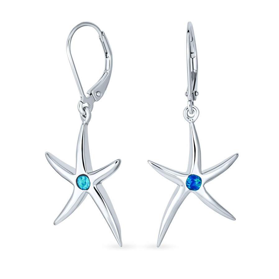 Shop Women Bling Jewelry Dangle Drop Earrings | Blue Created Opal Nautical Starfish Drop Earrings .925 Sterling Silver