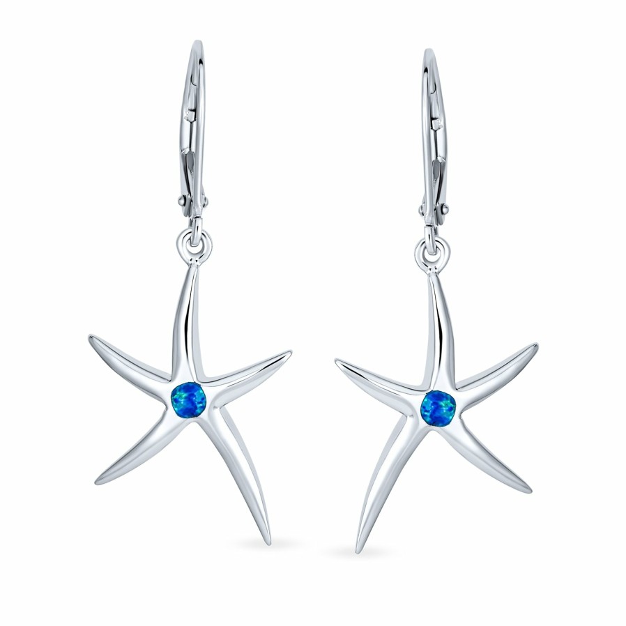 Shop Women Bling Jewelry Dangle Drop Earrings | Blue Created Opal Nautical Starfish Drop Earrings .925 Sterling Silver