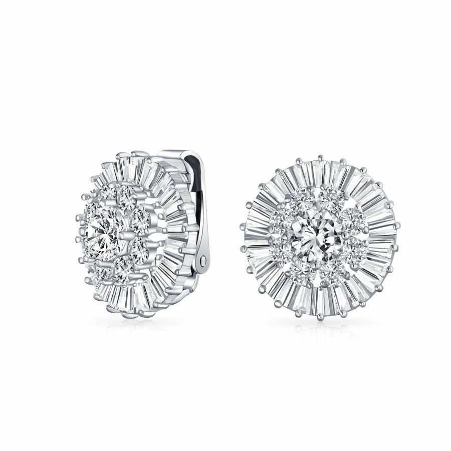 Shop Women Bling Jewelry Clip On Earrings | Wedding Cz Baguette Pave Round Clip On Earrings Ears Silver Plated