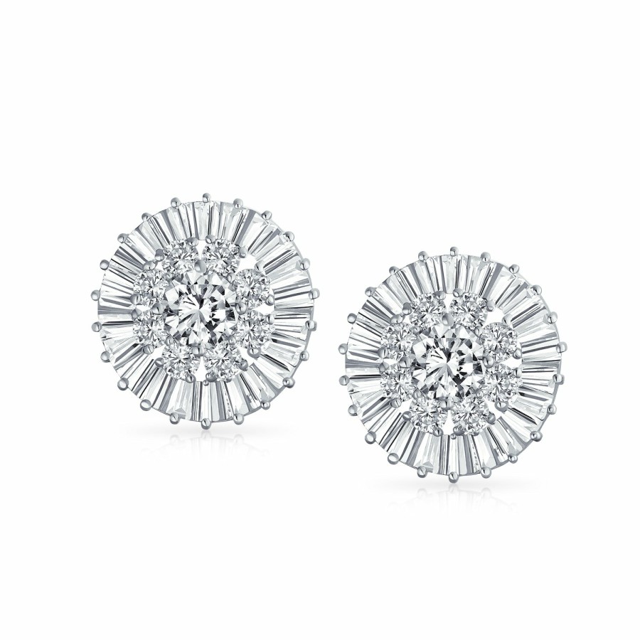 Shop Women Bling Jewelry Clip On Earrings | Wedding Cz Baguette Pave Round Clip On Earrings Ears Silver Plated