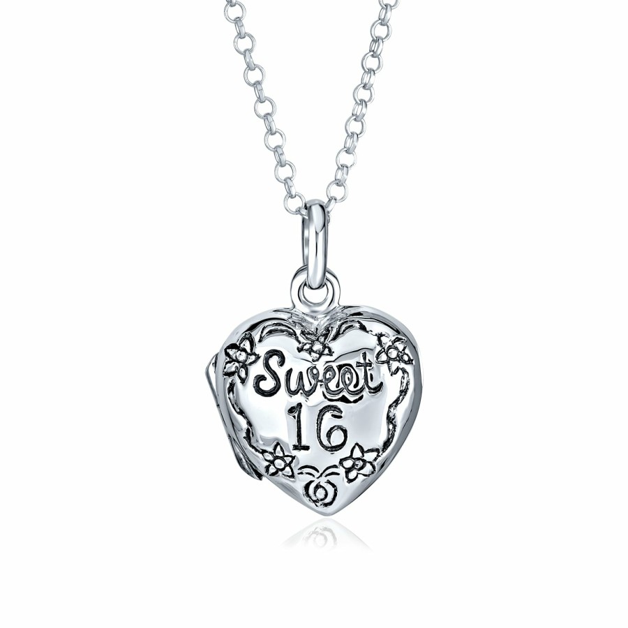 Shop Women Bling Jewelry Engravable Necklaces | Sweet 16 Birthday Heart Locket Necklace That Holds Picture For Teen Silver