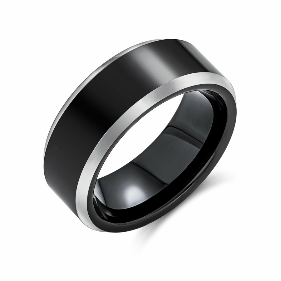 Shop Women Bling Jewelry Wedding Bands | Couples Wedding Band Titanium Ring Silver Two Tone Beveled Edge Black