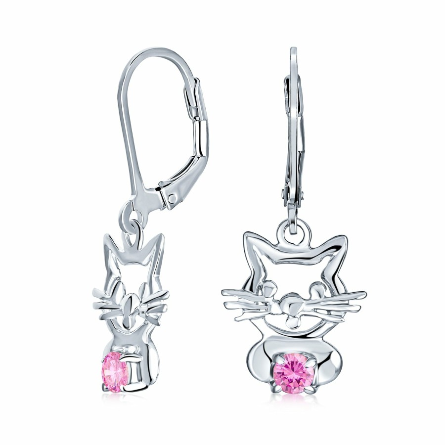 Shop Women Bling Jewelry Stud Earrings | Small Kitten Animal Pet Cz Accent Dangle Cat Stud Earrings .925 Silver