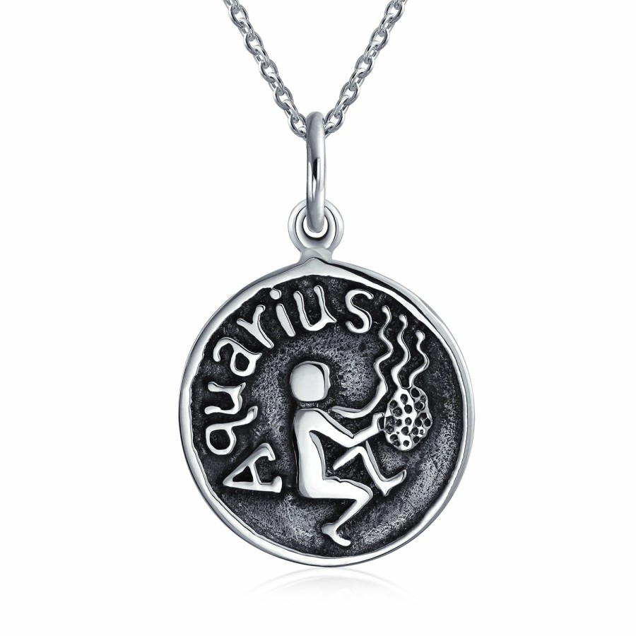 Shop Men Bling Jewelry Mens Engravable Necklaces | Zodiac Astrology Round Medallion Pendant Necklace .925 Sterling Silver