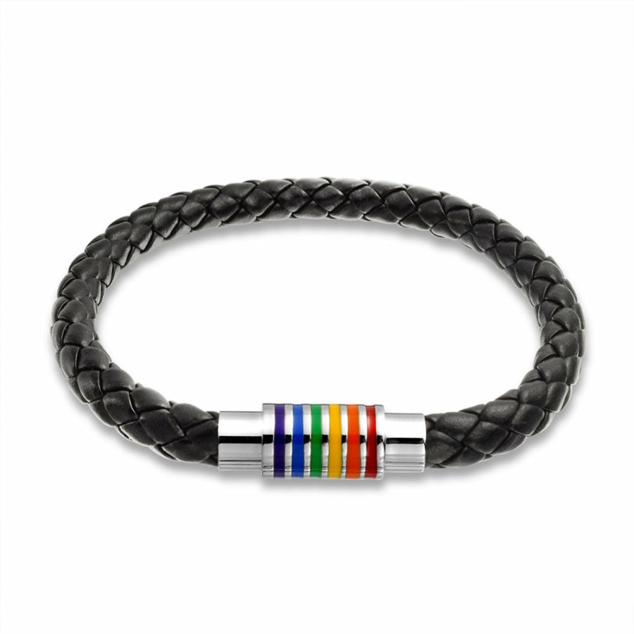 Shop Men Bling Jewelry Mens Bracelets & Id Bracelets | Rainbow Gay Pride Braided Leather Bangle Bracelet Stainless Magnetic