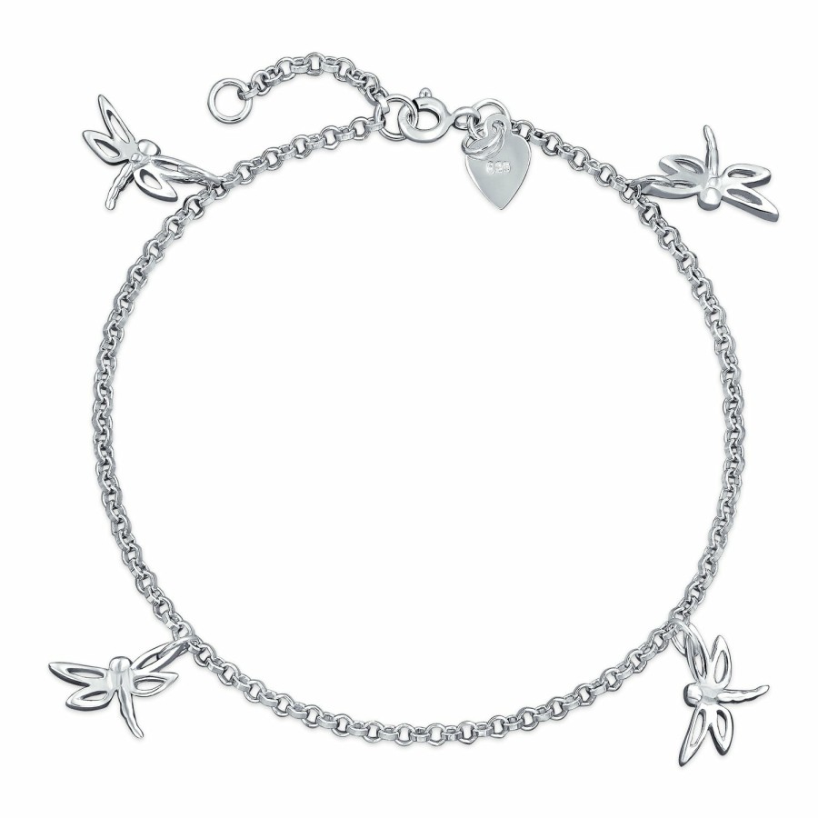 Shop Women Bling Jewelry Delicate Bracelets | Multi Dragonfly Anklet Dangle Charm Ankle Bracelet .925 Sterling Silver