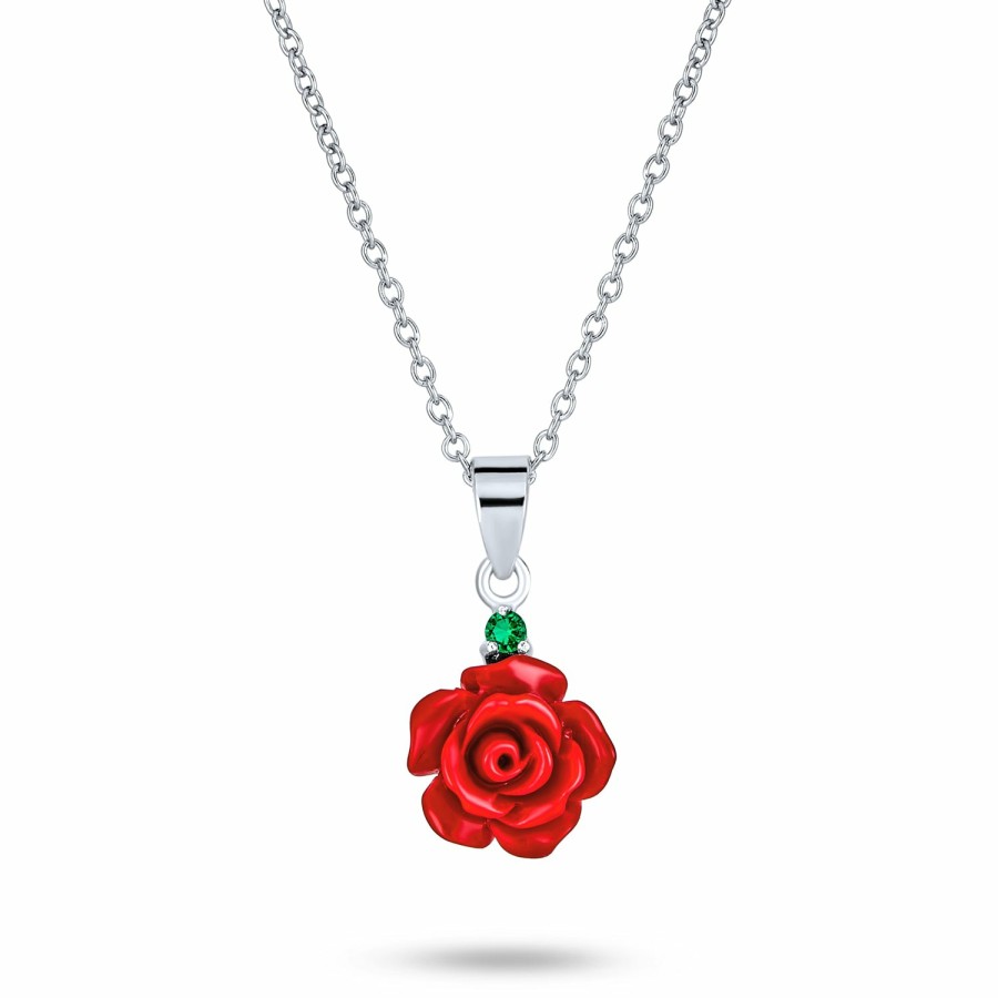 Shop Women Bling Jewelry Pendant Necklaces | 3D Carved Rose Flower Pendant Necklace .925 Sterling Silver