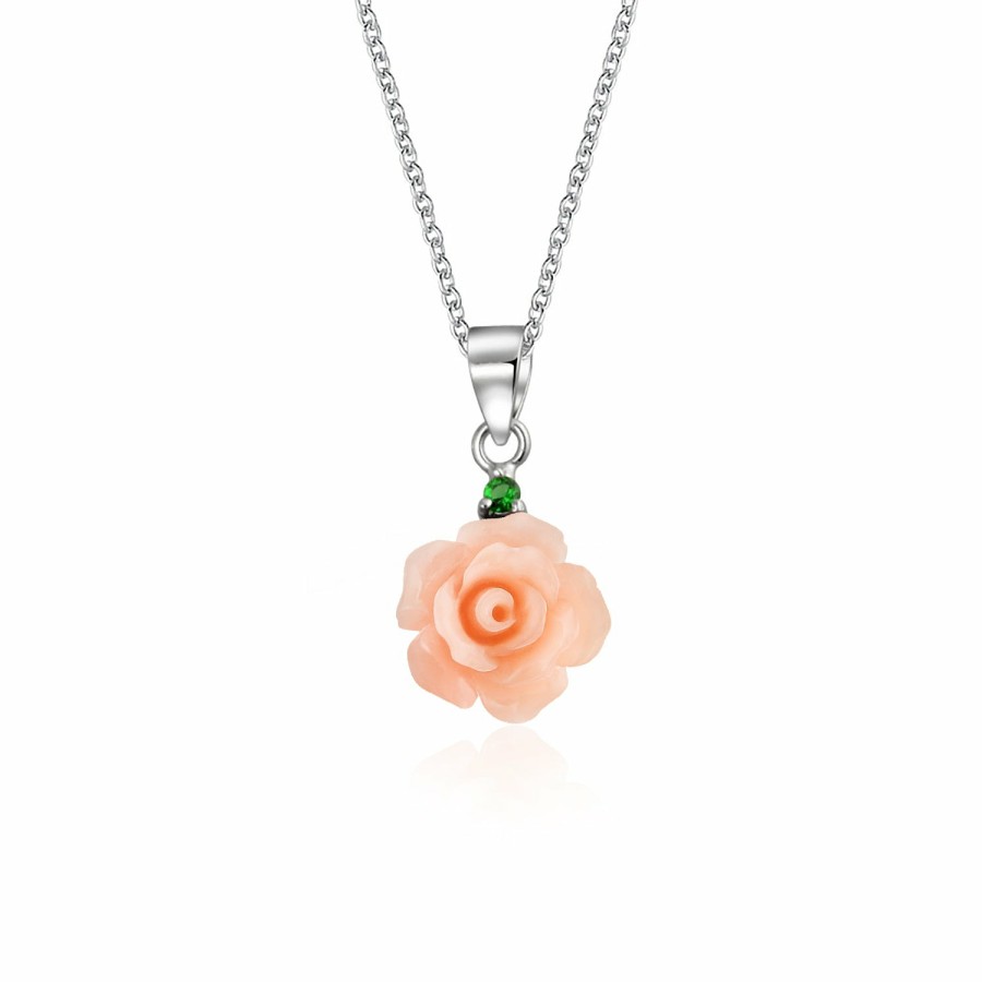 Shop Women Bling Jewelry Pendant Necklaces | 3D Carved Rose Flower Pendant Necklace .925 Sterling Silver