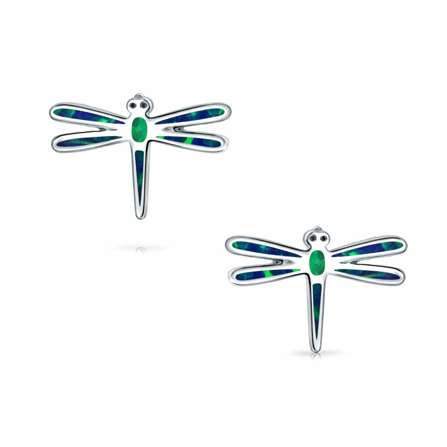 Shop Women Bling Jewelry Stud Earrings | Blue Created Opal Garden Dragonfly Stud Earrings .925 Sterling Silver