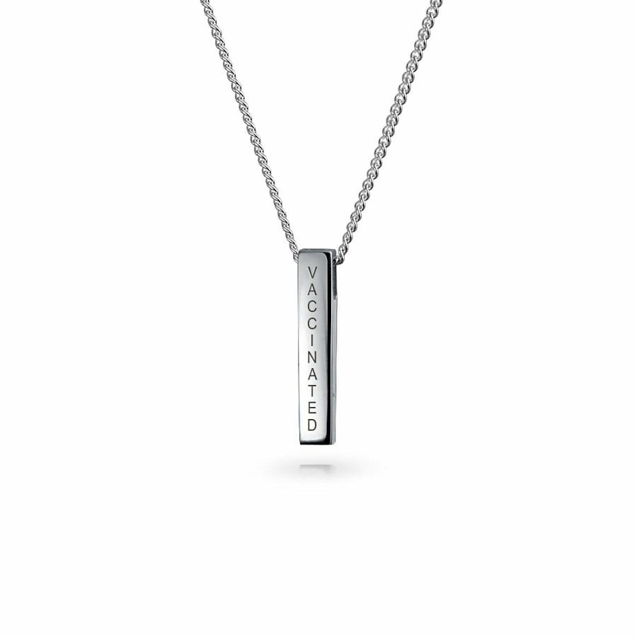 Shop Women Bling Jewelry Engravable Necklaces | Vaccinated Personalize Solid Vertical Bar Pendant .925Sterling Silver