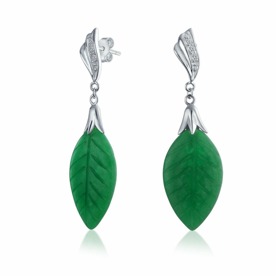 Shop Women Bling Jewelry Dangle Drop Earrings | Western Jewelry Carved Leaf Green Jade Drop Earrings Sterling Silver