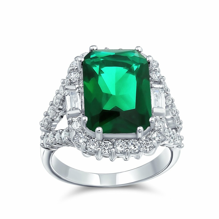 Shop Women Bling Jewelry Engagement Rings | Solitaire Cz Imitation Emerald Green Statement Ring Silver Plated