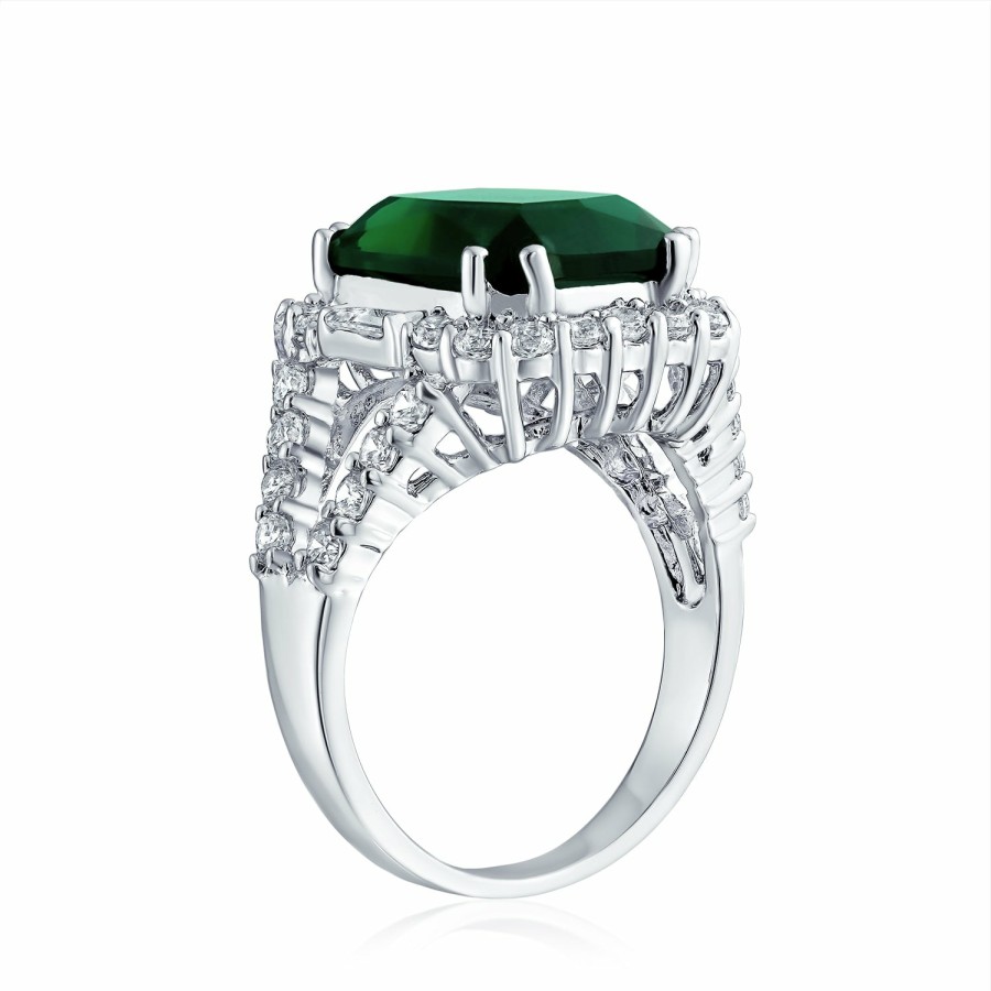 Shop Women Bling Jewelry Engagement Rings | Solitaire Cz Imitation Emerald Green Statement Ring Silver Plated