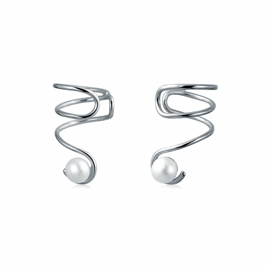 Shop Women Bling Jewelry Ear Cuffs, Cartilage Earrings | Spiral Freshwater Pearl Cartilage Ear Helix Earring Sterling Silver