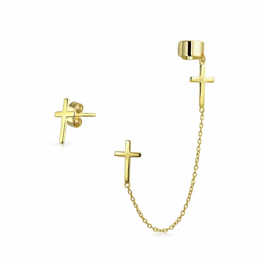 Shop Women Bling Jewelry Stud Earrings | Cartilage Cross Chain Cuff Stud Earring Plated Sterling