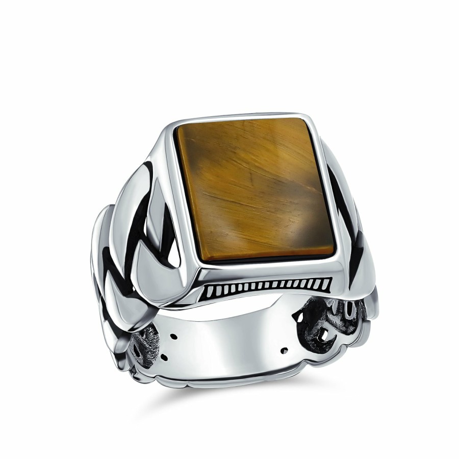 Shop Men Bling Jewelry Mens Rings | Tiger Eye Lapis Onyx Mens Square Gemstone Cable Chain Ring .925 Silver