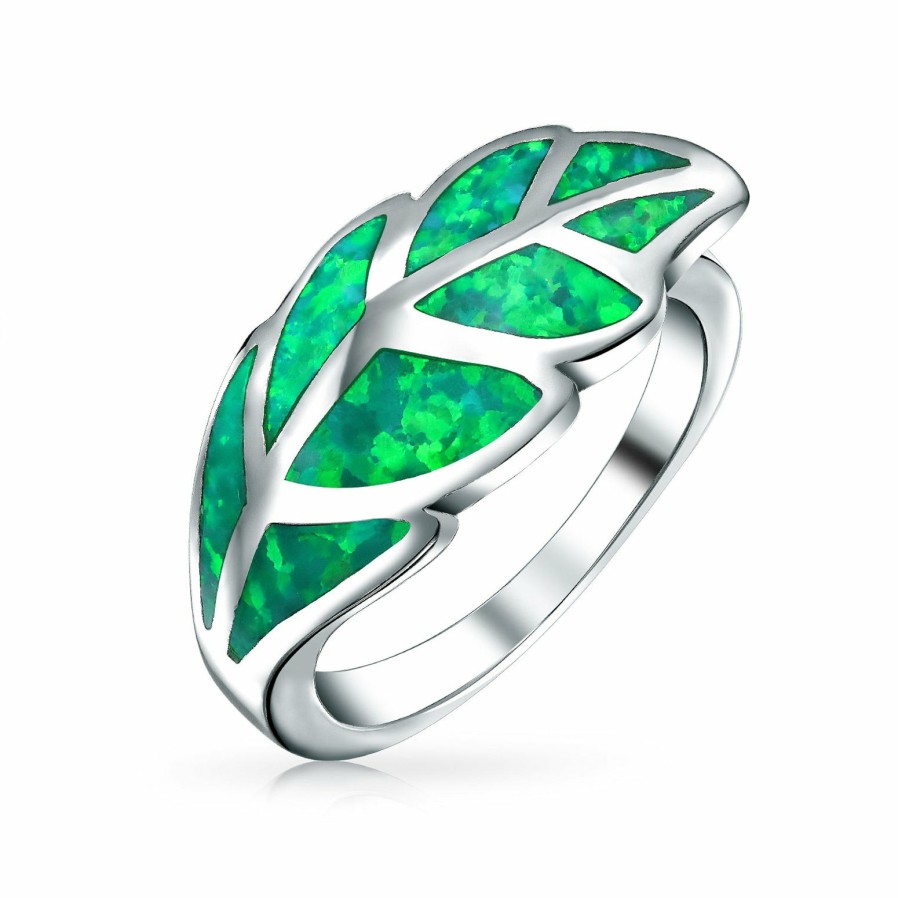 Shop Women Bling Jewelry Engravable Rings | Nature Western Jewelry Leaf Created Opal Leaf Ring .925 Silver Green