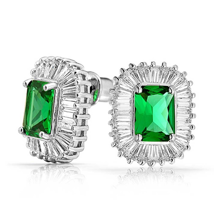 Shop Women Bling Jewelry Stud Earrings | Green Rectangle Cz Halo Imitation Emerald Stud Earrings Silver Plated