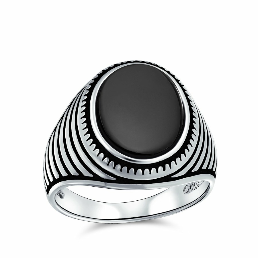 Shop Men Bling Jewelry Mens Rings | Mens Retro Stripe Style Gemstone Statement Oval Signet Ring Silver