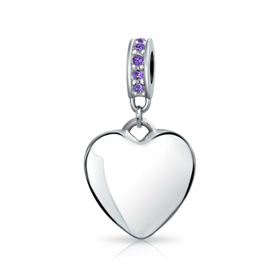 Shop Women Bling Jewelry Engravable Charms | Crystal Accent Dangle Heart Shape Charm Bead .925 Sterling Silver