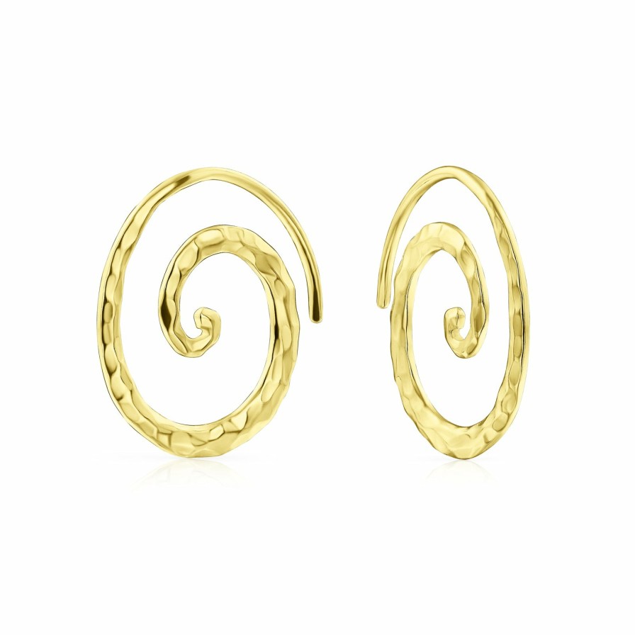 Shop Women Bling Jewelry Hoops Huggies Earrings | Boho Hammered Wire Spiral Hoop Threader Earrings 14K Gold Plate