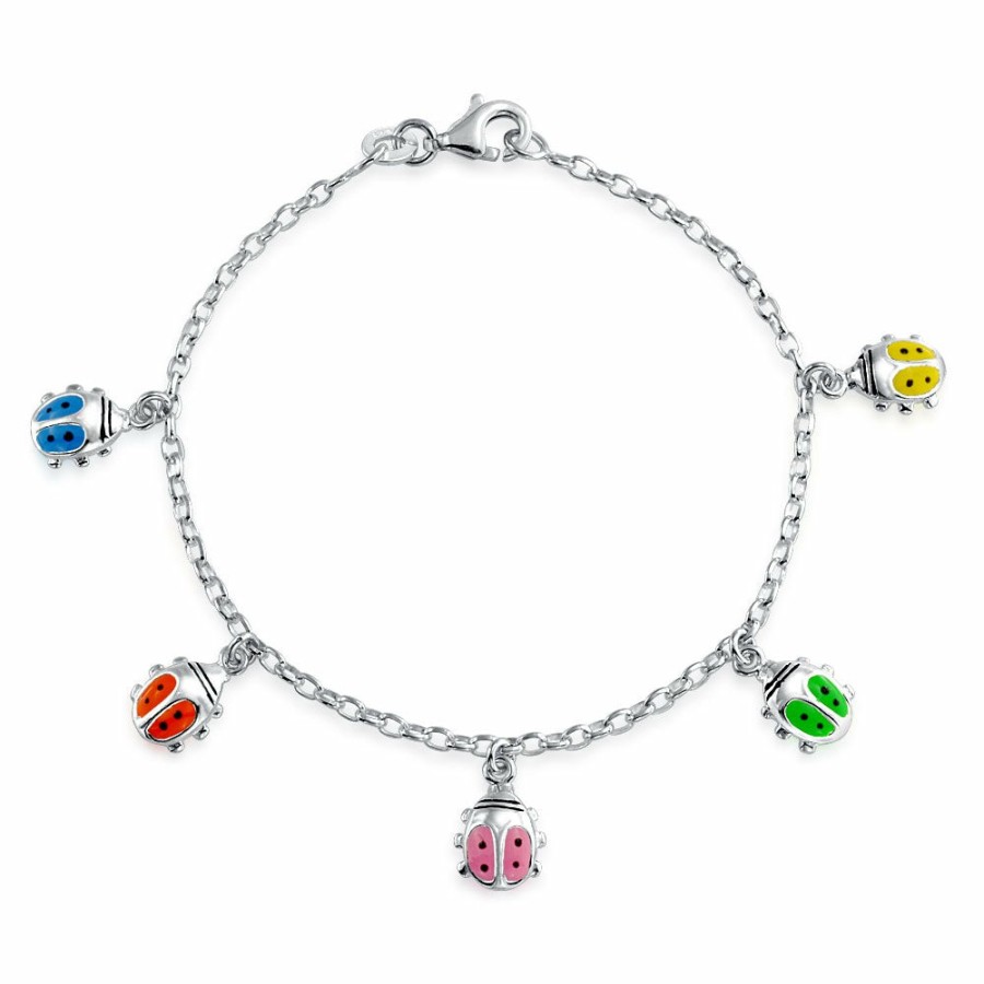 Shop Women Bling Jewelry Charm Bracelets | Lucky Ladybug Multi Color Girls Dangling Charm Bracelet .925 Silver 6.5"