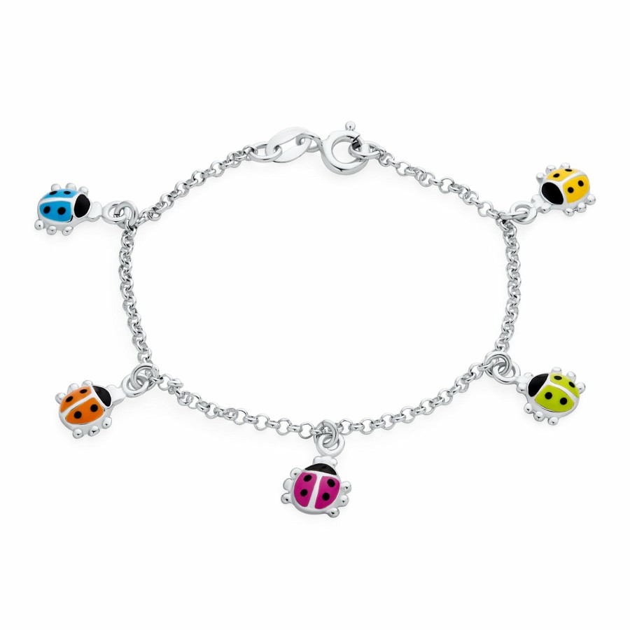 Shop Women Bling Jewelry Charm Bracelets | Lucky Ladybug Multi Color Girls Dangling Charm Bracelet .925 Silver 6.5"