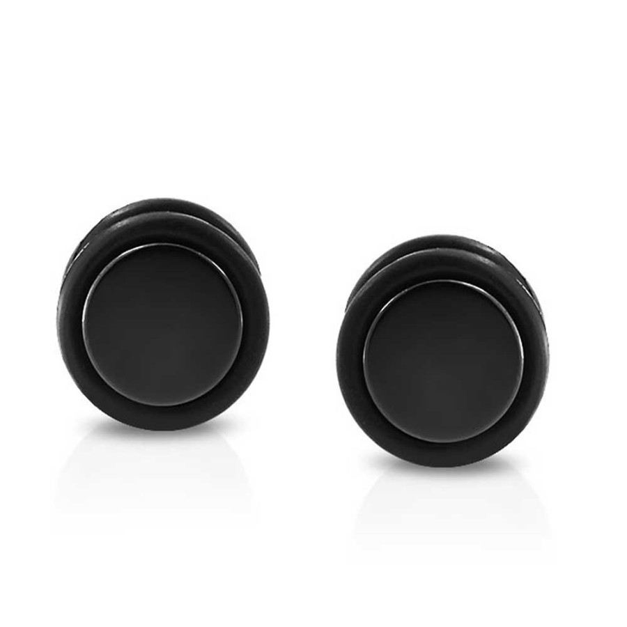 Shop Men Bling Jewelry Mens Earrings | Bar Bell Round Illusion Faux Ear Plug Earrings Stainless Steel Black